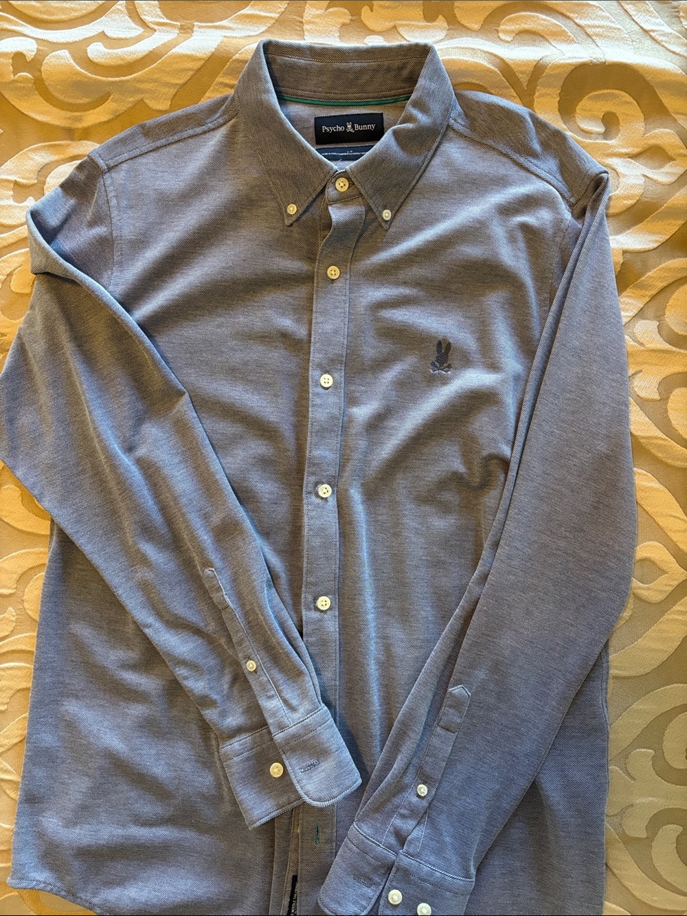 Psycho Bunny Mens Heather Blue Button-Down Shirt. Stretchy material. Soft!